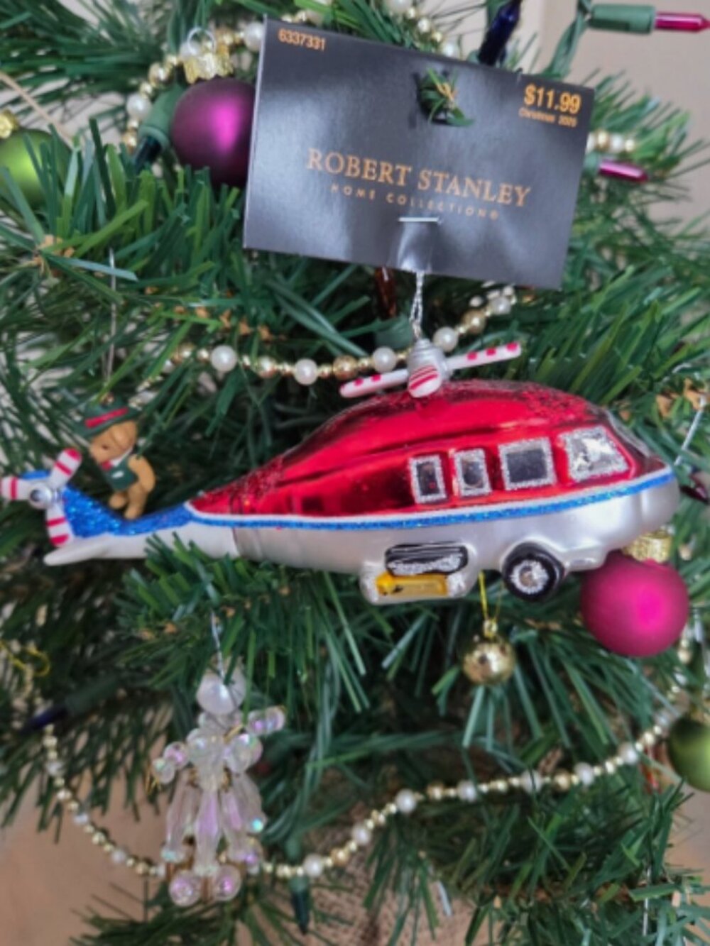 Robert Stanley Red White Blue Helicopter Tree Ornament Blown Glass Rare! NEW!!